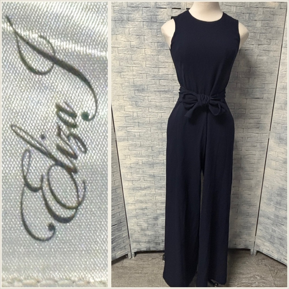 Eliza J Jumpsuit Womens 4 Navy Blue Sleeveless Wide Leg Tie Waist Elegant